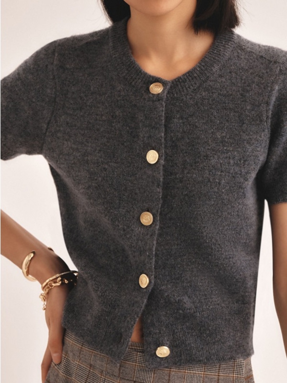 Maeve Short Sleeve Cardigan Sweater Knit Top Grey Gold Anthropologie Size Small